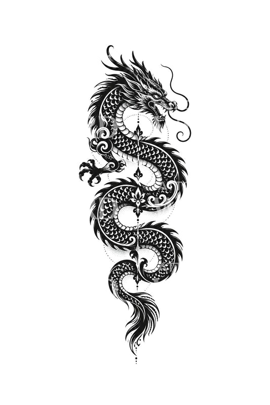 沿脊柱盘绕的黑工艺龙纹身设计