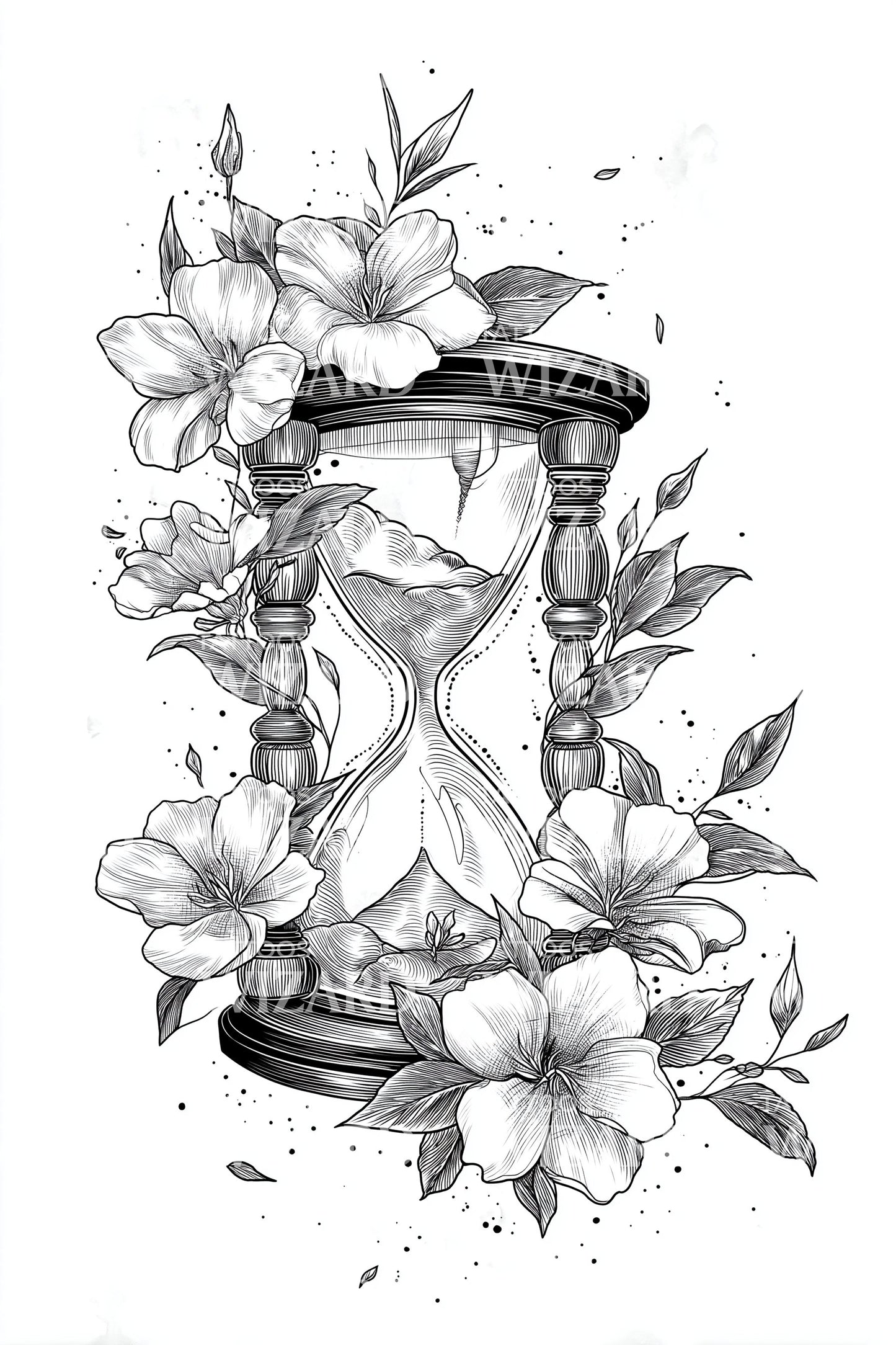 Blackwork Floral Hourglass Tattoo Design
