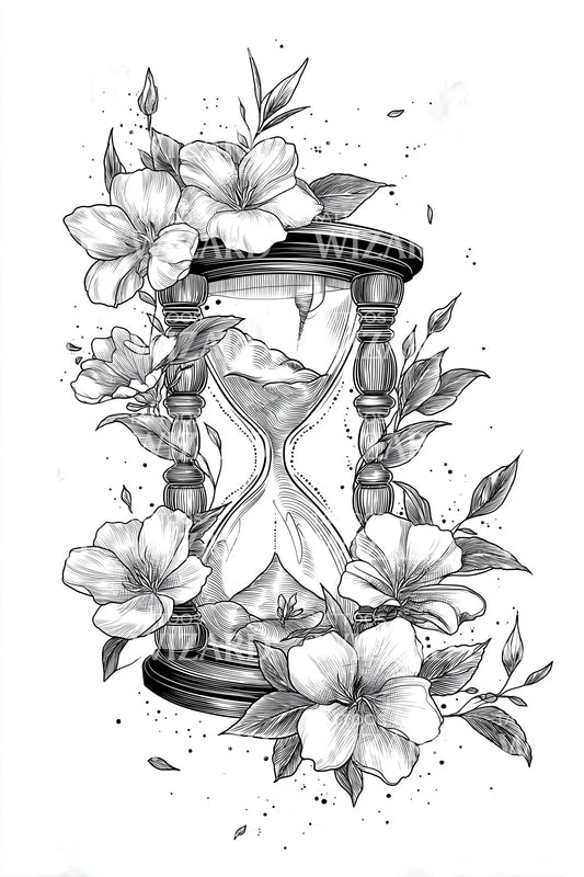 Blackwork Floral Hourglass Tattoo Design