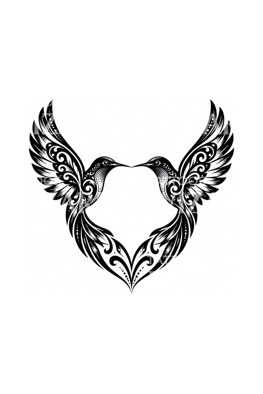Blackwork-tattoo-ontwerp van een kolibripaar met hart