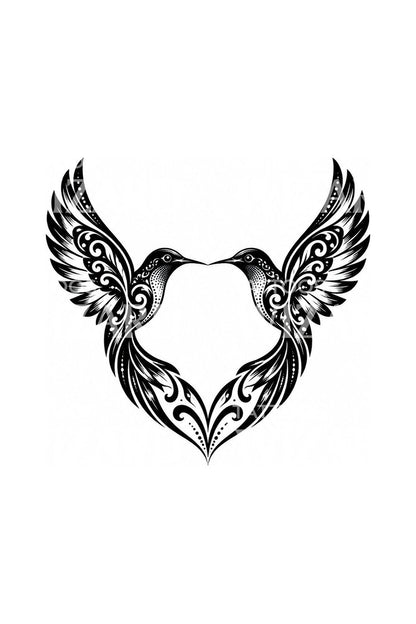 Blackwork-tattoo-ontwerp van een kolibripaar met hart