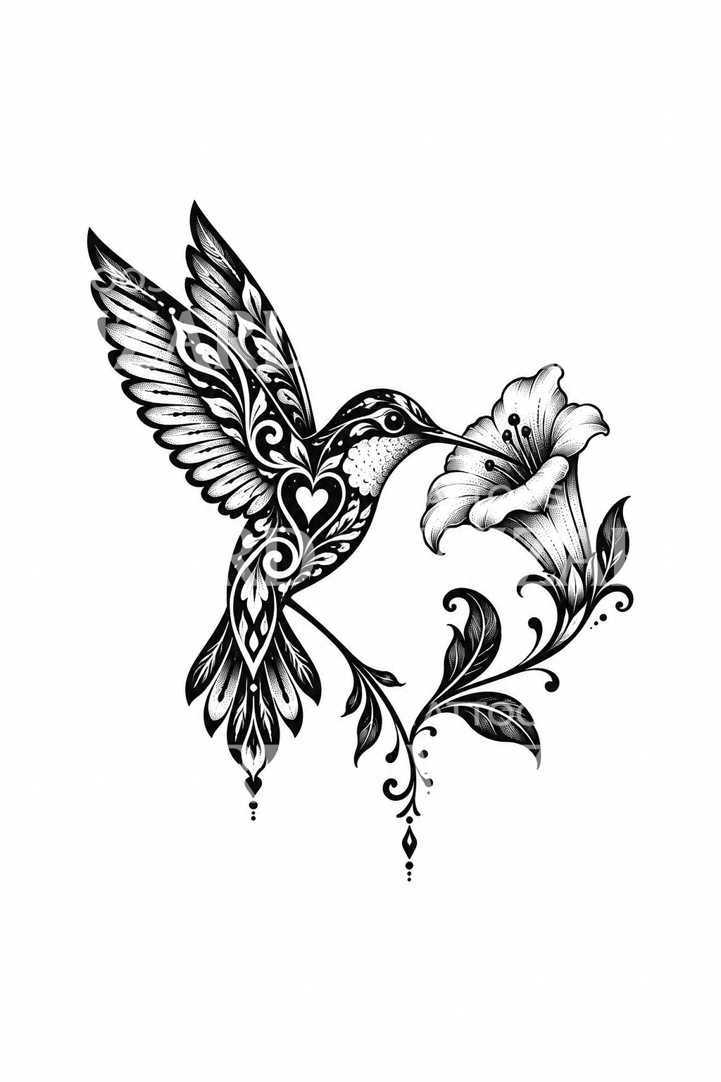 Blackwork-kolibri med trumpetblomma som tatuering