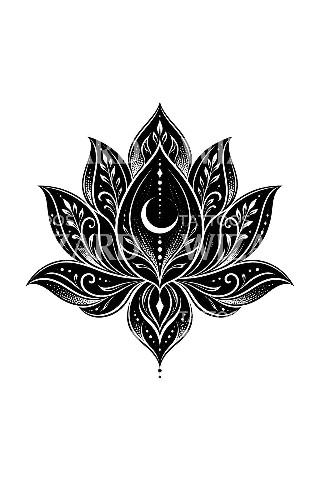 Blackwork Lotus with Inner Crescent Tattoo Design