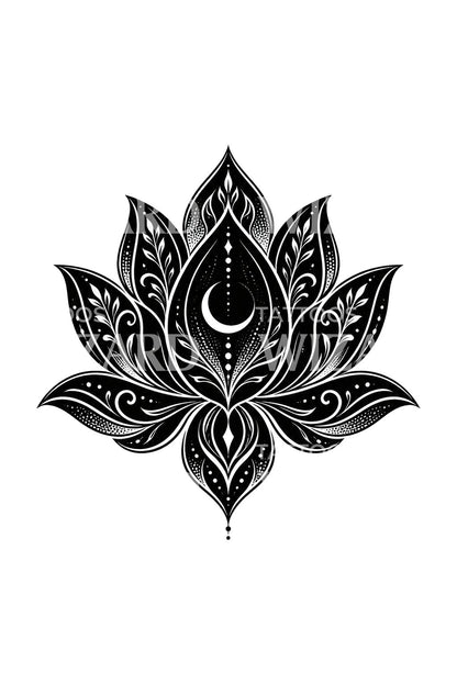 Blackwork Lotus with Inner Crescent Tattoo Design