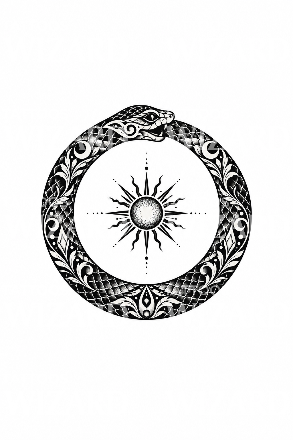 Blackwork τατουάζ φιδιού Ουροβόρου γύρω από λαμπερό ήλιο