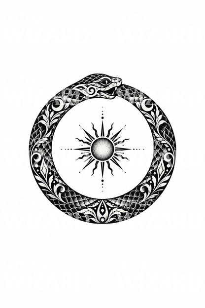 Blackwork τατουάζ φιδιού Ουροβόρου γύρω από λαμπερό ήλιο