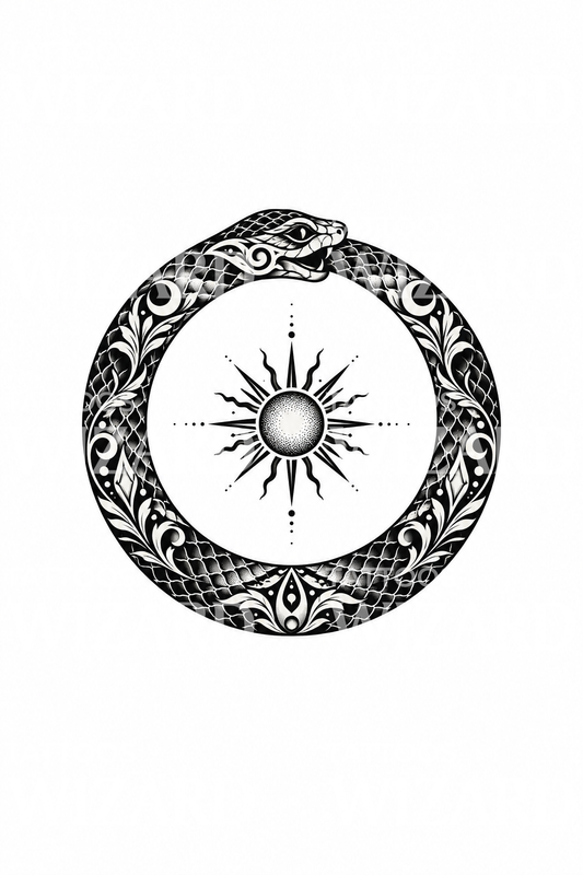 Tatuagem blackwork de uma serpente Ouroboros à volta de um sol radiante