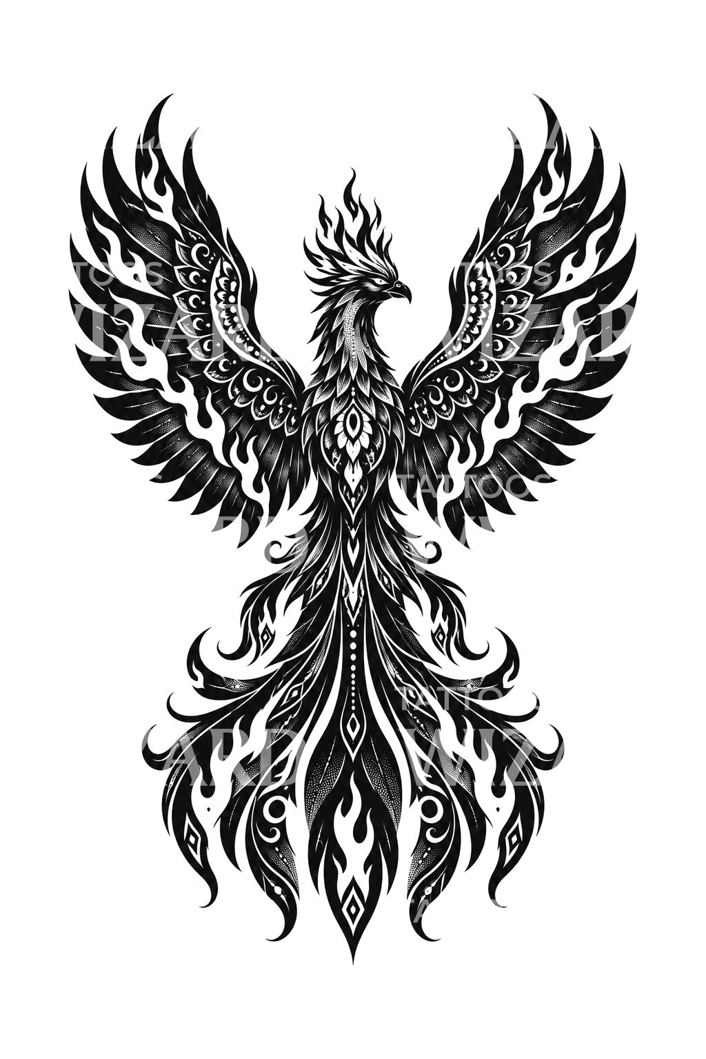 Diseño de tatuaje de fénix blackwork con llama negativa