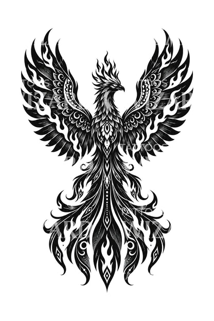 Diseño de tatuaje de fénix blackwork con llama negativa