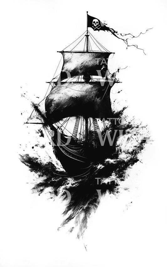 Blackwork Pirate Ship Sailing Tattoo Idea