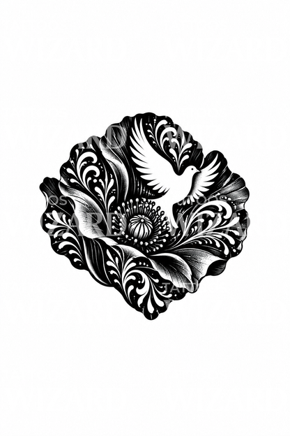 Blackwork-tatoveringsdesign med valmue og hvit due