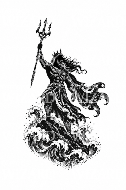 Blackwork-tattoo-ontwerp van Poseidon die zijn drietand heft