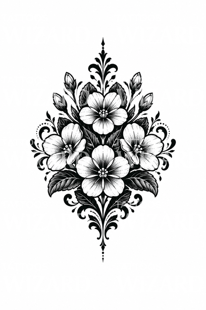 Ornamentalt blackwork-tatovering med primula