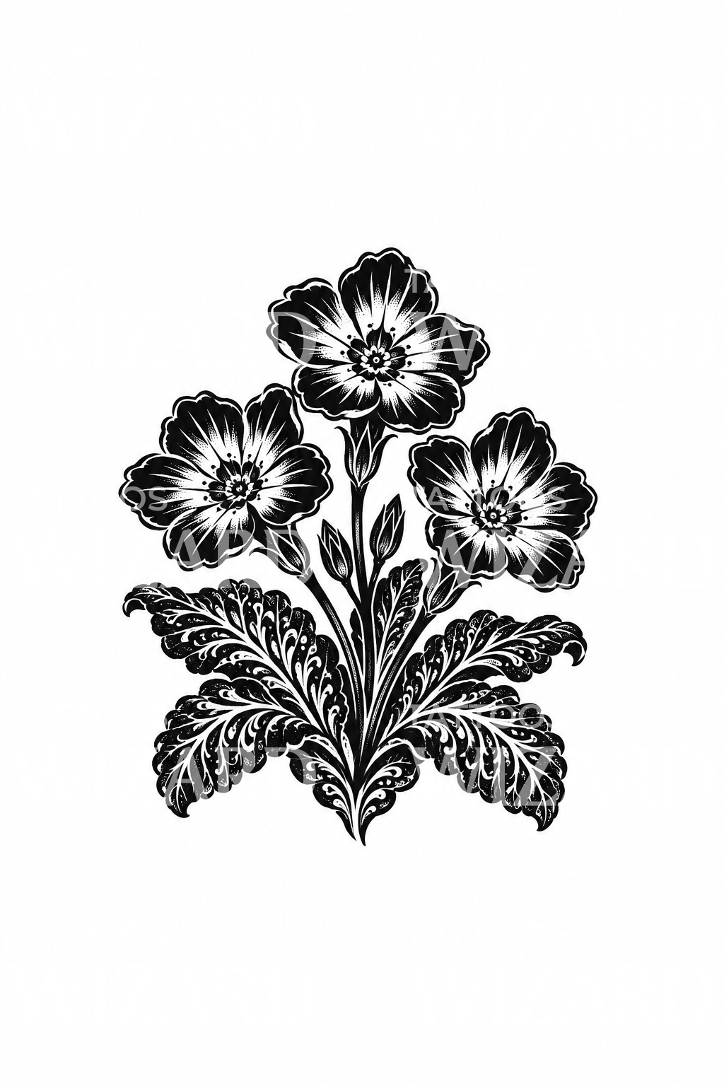 Blackwork Primrose Cluster Tattoo Illustration