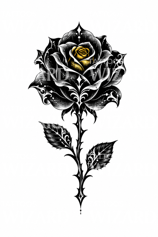 Disegno tattoo blackwork con rosa e cuore dorato