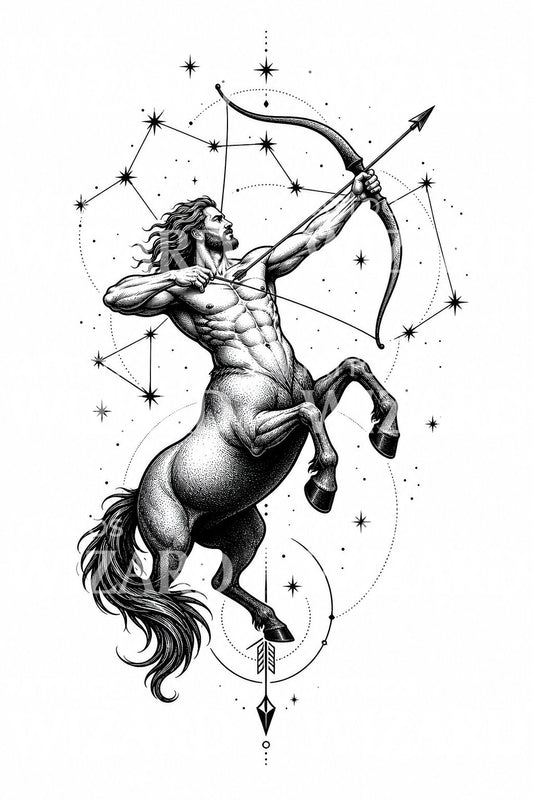 Motif de tatouage blackwork archer Sagittaire