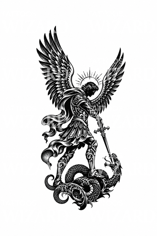 Diseño de tatuaje blackwork de Miguel venciendo a la serpiente