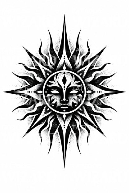 Blackwork Sun Face Tattoo Design