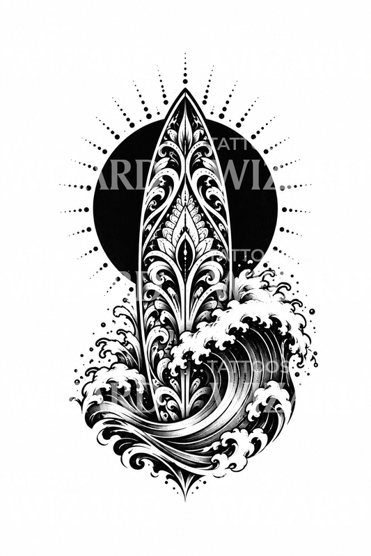 Blackwork Surfboard Black Sun Wave Tattoo Design
