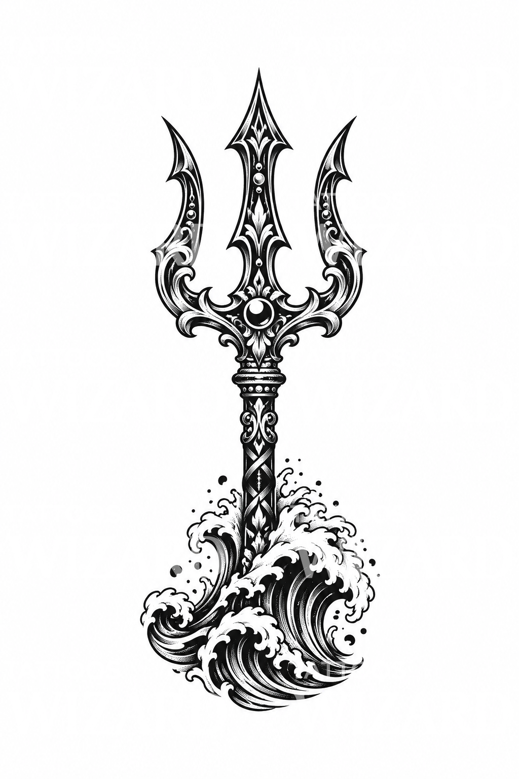 Blackwork-Dreizack und Welle, Tattoo-Idee