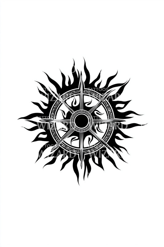 Idee voor tatoeage van een brandend zongezicht