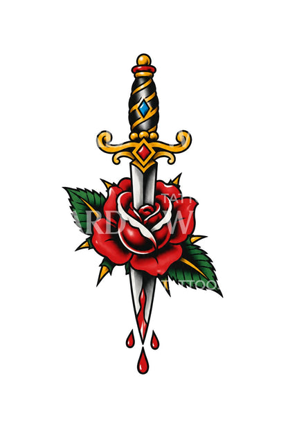 Bleeding Rose Pierced by Brass Dagger Tattoo Idea