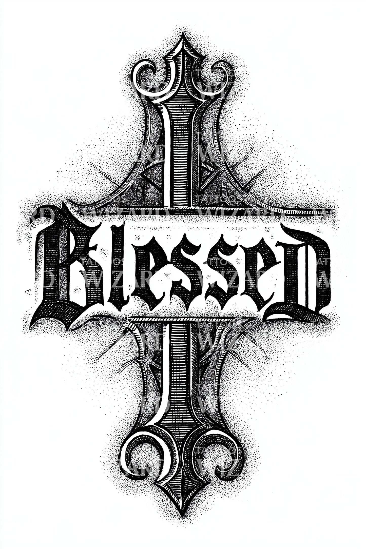 Blessed Gothic Cross Tattoo Design