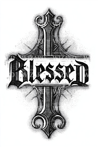 Blessed Gothic Cross Tattoo Design