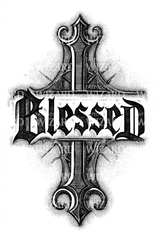 Blessed Gothic Cross Tattoo Design