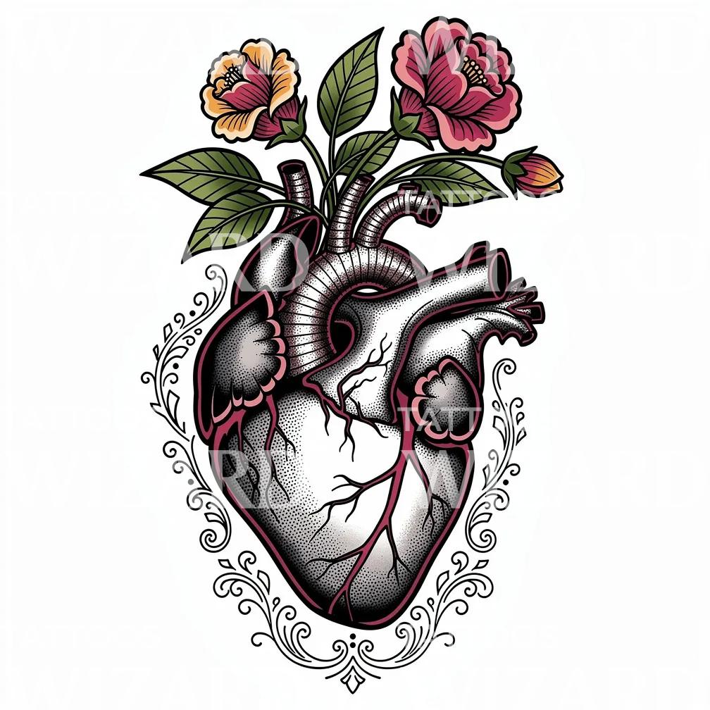Blooming Anatomical Heart Tattoo Design