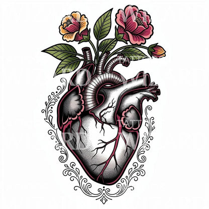 Blooming Anatomical Heart Tattoo Design
