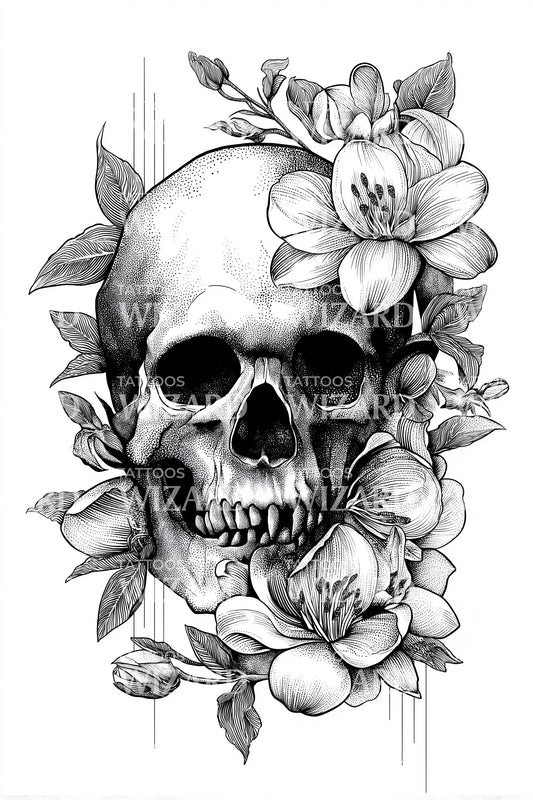 Blooming Skull Garland Tattoo Design