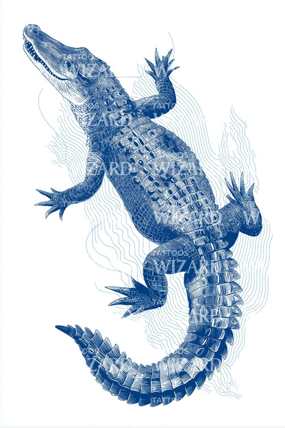Blue Alligator Swim Tattoo Design