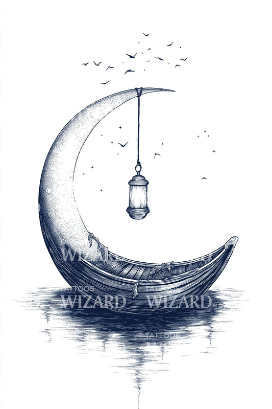 Blue Crescent Moon Boat Tattoo Design