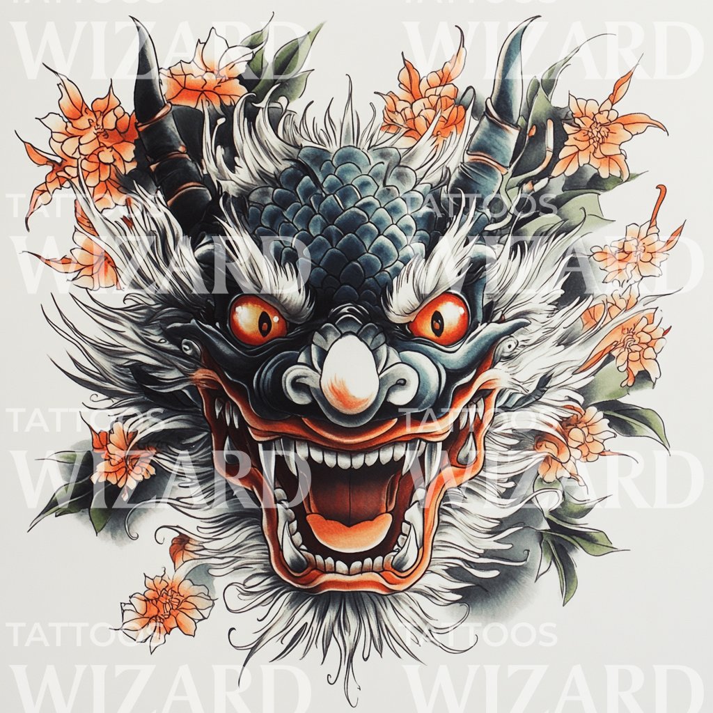 Blue Dragon Yokai with Orange Flowers Tattoo Art