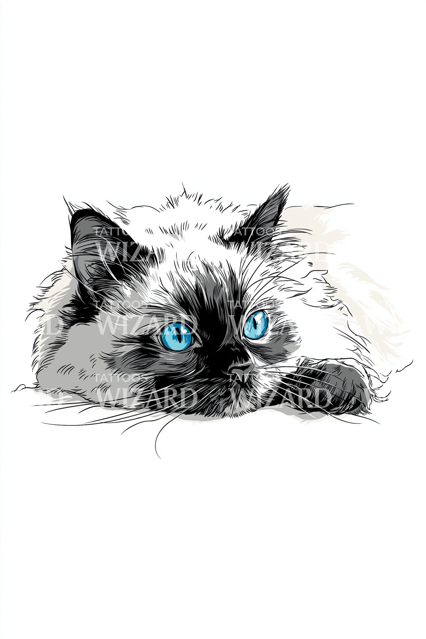 Blue Eyed Cat Resting Tattoo Design