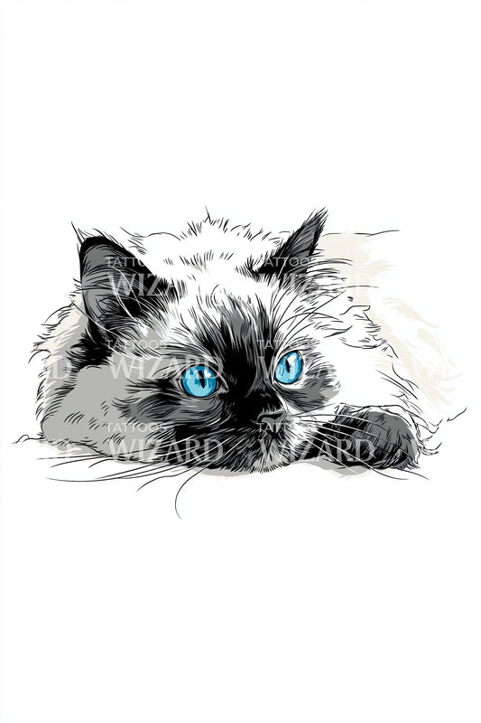 Blue Eyed Cat Resting Tattoo Design