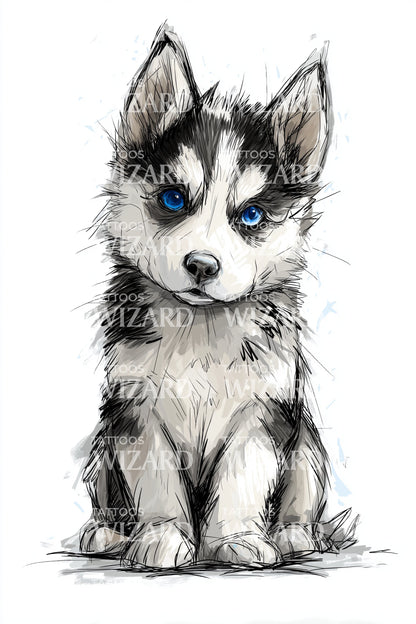 Desenho de Tatuagem de Husky de Olhos Azuis