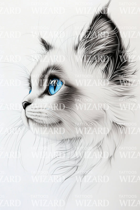 Blue Eyed White Cat Tattoo Illustration