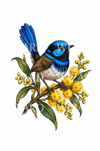 Tatuaggio di scricciolo fatato blu su acacia