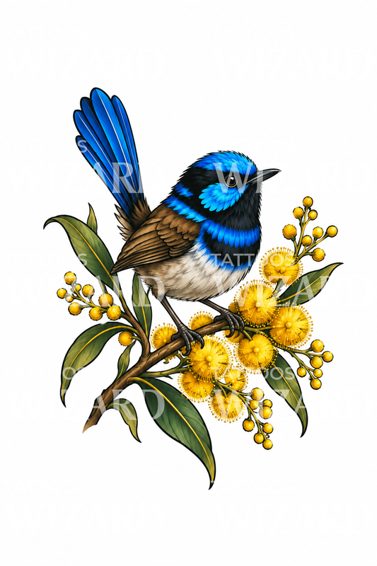 Tatoveringsdesign med blå alfesanger på mimose