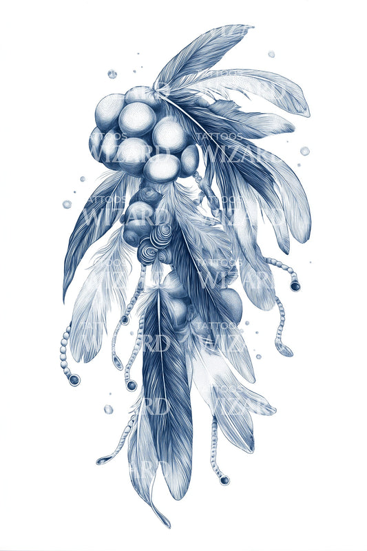 Blue Feather Berries Tattoo Illustration