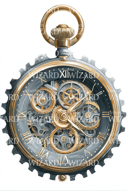 Blue Gears Pocket Watch Tattoo Design