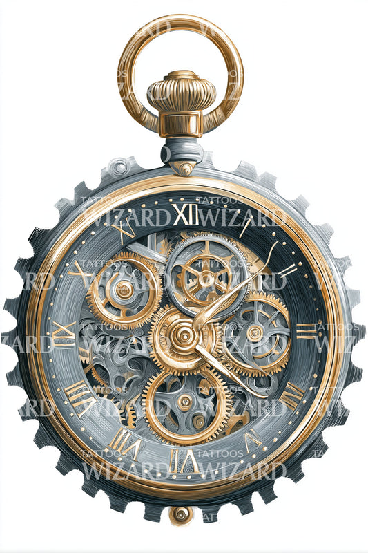 Blue Gears Pocket Watch Tattoo Design