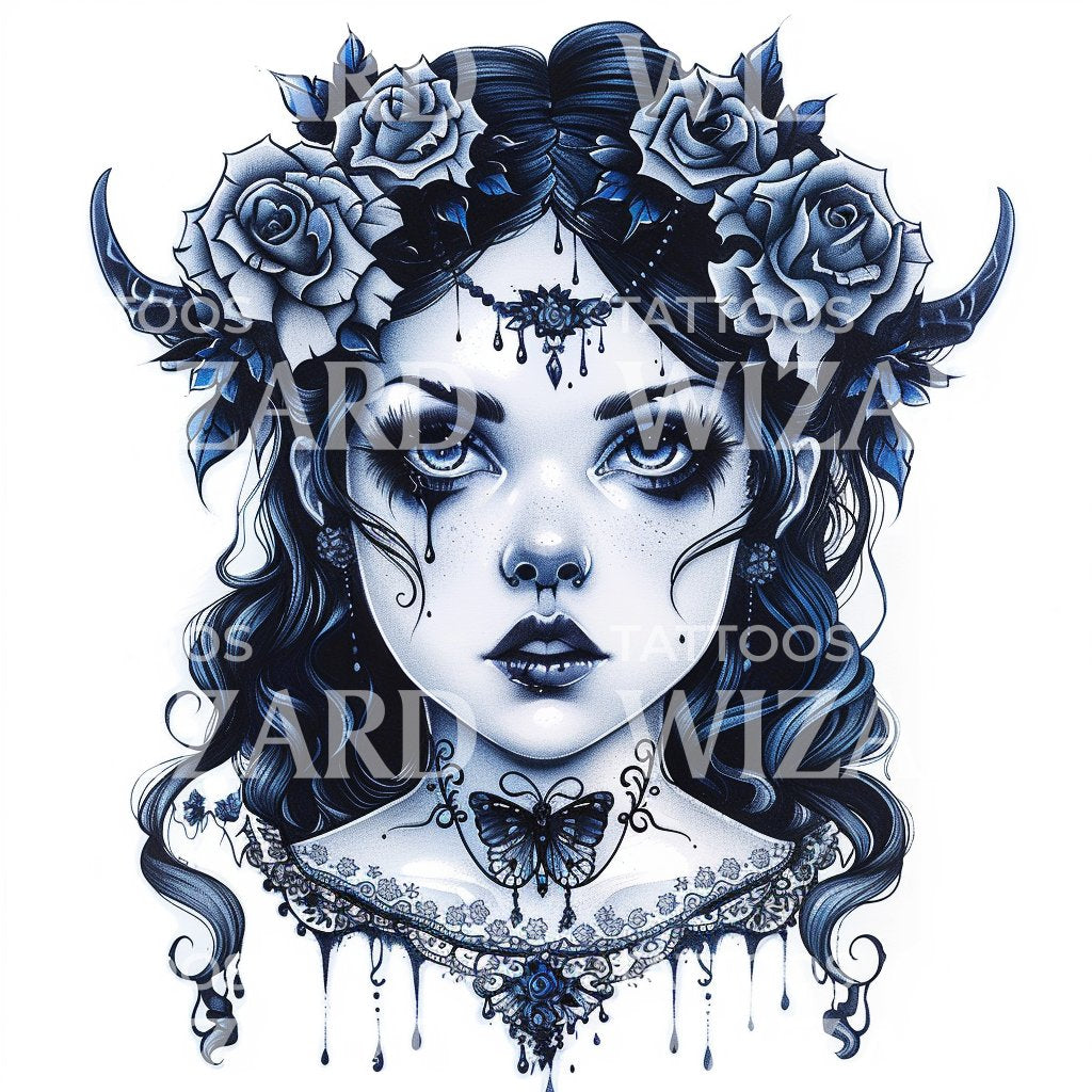 Blue Gothic Rose Maiden Tattoo Concept