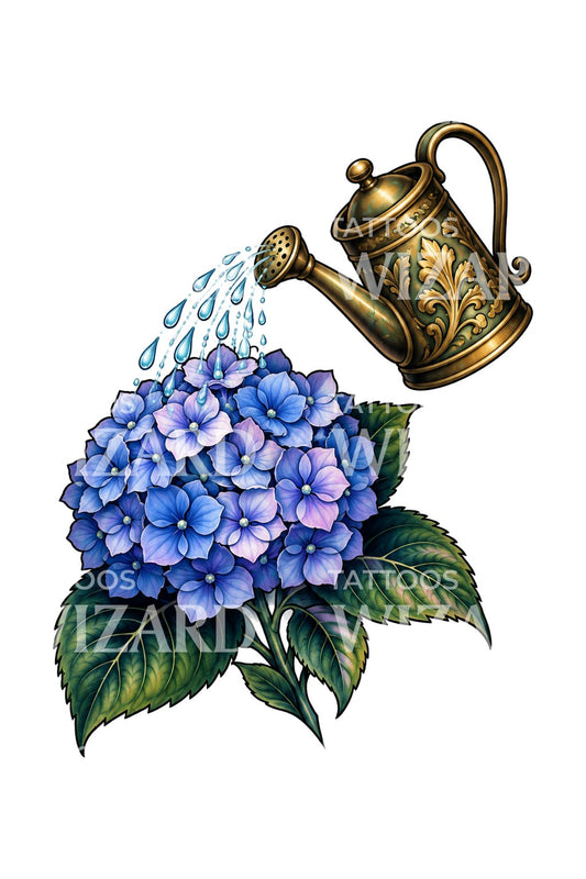 Blue Hydrangea and Brass Watering Can Tattoo Design