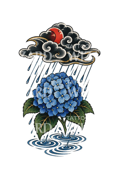 Modrá hortenzie pod dešťovým mrakem, irezumi tetovací ilustrace