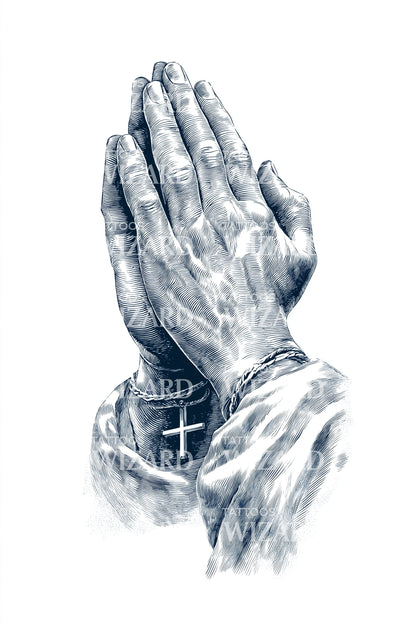 蓝色墨水祈祷双手纹身设计
