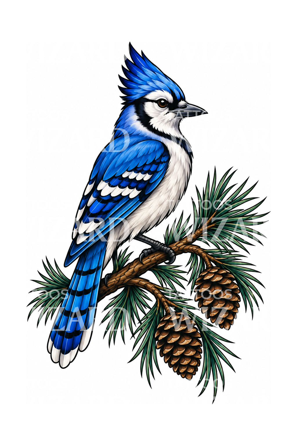 Tattoo-Idee: Blauhäher auf Kiefernzweig mit Kiefernzapfen