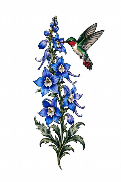 Blue Larkspur Delphinium with Hummingbird Tattoo Design